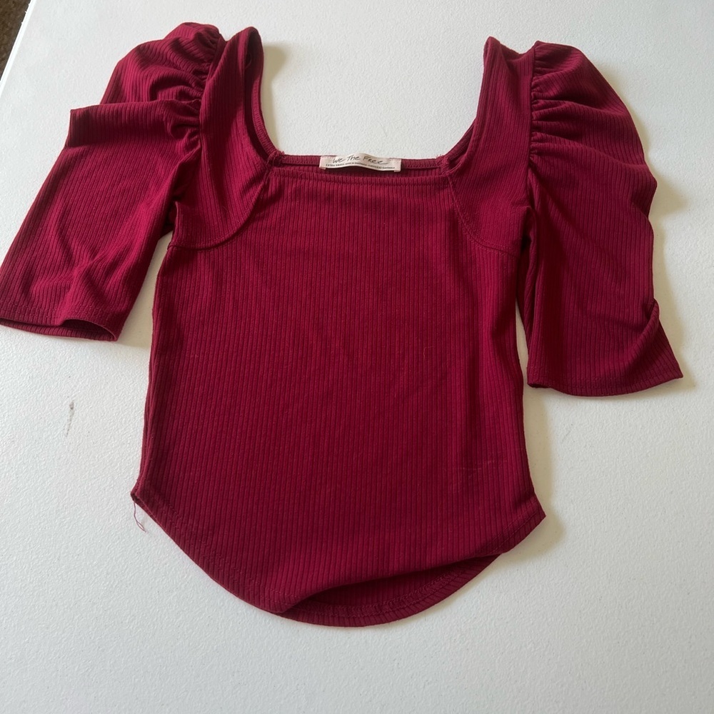 We the free Burgundy balloon elbow-length sleeve blouse round neck oval cutSz XS